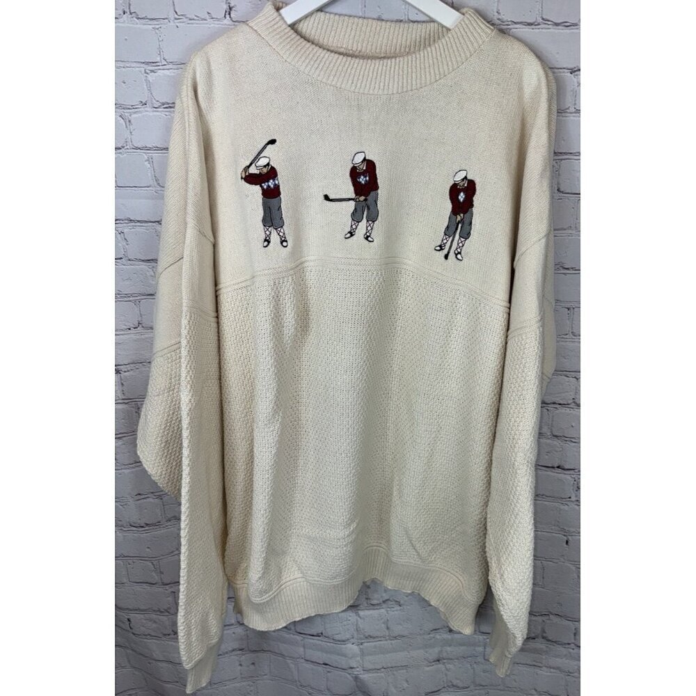 Vintage Sutter & Grant Sweater Cream Golf Embroidery Pullover Knit Sz XL or XXL?